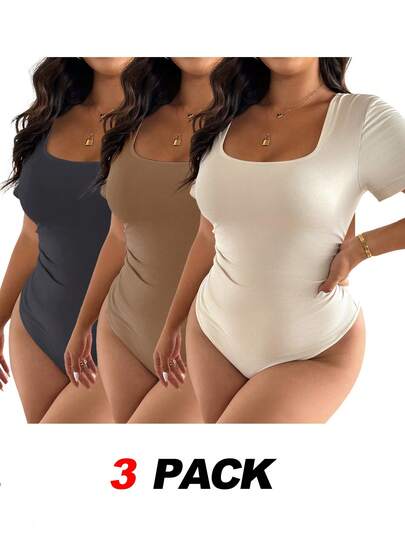 SHEIN Frenchy 3pcs/Set Plus Size Women's Fashionable Bodysuit, All-Match Black, Apricot, Coffee Color Versatile Casual Bodysuit