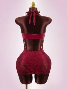 Zestiva 3件套夏季沙滩度假蕾丝上衣+蕾丝三角裤+蕾丝罩衫 - 酒紅色 - 查看 2