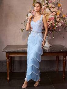 MOTF Soiréza VESTIDO DE NOCHE FORMAL CON BORDADO DE PATRÓN FLORAL Y DOBLADILLO CON FLECOS MULTICAPA - Azul - Ver 6