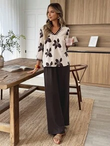 Elouméa 女士休闲度假V领印花短袖衬衫和阔腿裤两件套，春夏款 - 彩色 - 查看 5