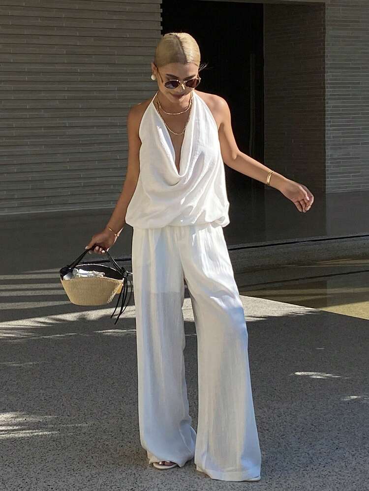 Women's Solid Color Spaghetti Strap Tie Cropped Backless Camisole And Straight Leg Pants Elegant Vacation Outfit, Spring/Summer 2-Piece Set