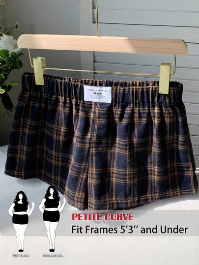 SHEIN PETITE CURVE New Plus Size Womens Petite Girls Summer Casual Elastic Waist Plaid Casual Loose Shorts, Versatile For Summer, Suitable For Petite Women.High-Waisted Makes You Look Slimmer And Your Legs Longer, Suitable For Petite Women.Suitable For All Seasons And Occasion,Home Leisure,Suitable For Petite Girls& Women, Summer Flare Leg Pants Summer Summer Flare Leg Pants  Summer Outfits Summer Holiday Outfits Long Summer Pants For Women Spring Outfit ,Casual Pants, High-Waisted Slimming Pants For Summer,Casual Pants For Women ,Perfect For Vacations, Especially Beach Vacations.,Sexy Pants For Women,Carnival Carnival Costume Carnival Women Look 2026 2026 Carnival Women Carnival Clothes Carnival Costume Women