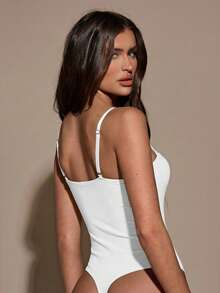 SHEIN BAE 女士休闲日常通勤简约纯色修身连体衣，夏季 - 白色 - 查看 2