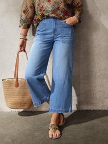 EMERY ROSE 女士休闲日常通勤百搭拼接口袋宽松阔腿牛仔裤 - 藍色 - 查看 7