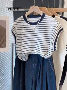 GlowEve Petite Áo thun nữ cổ tròn dáng rộng kẻ sọc cổ điển, thời trang thường ngày, thích hợp mặc hàng ngày. - Nhiều màu - Xem 1