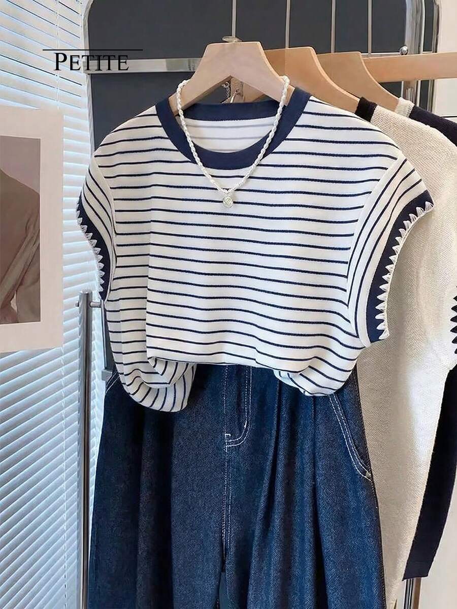 GlowEve Petite Áo thun nữ cổ tròn dáng rộng kẻ sọc cổ điển, thời trang thường ngày, thích hợp mặc hàng ngày. - Nhiều màu - Xem 1