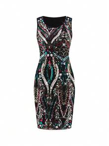 SHEIN Clasi 2pcs/Set Women's Sequin Party Dress And Fitted Short Sleeve Jacket,Summer Clothes,Summer Outfit For Women - Multicolor - View 13