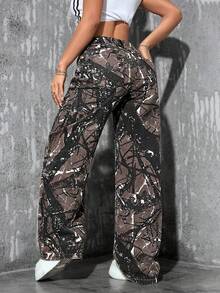 SHEIN PETITE Women's All-Over Print Slant Pocket Casual Wide Leg Jeans - Multicolor - View 2