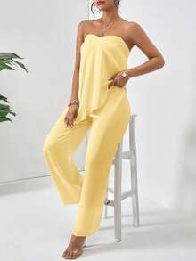 Firerie Conjunto de 2 piezas de top bandeau y pantalones con dobladillo asimétrico de unicolor para mujer - Amarillo claro - Ver 6