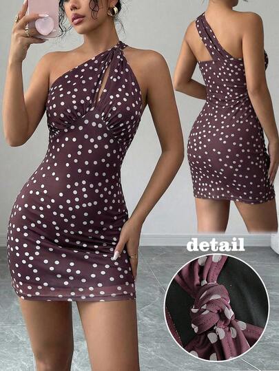 Modelyn Coffee Color Polka Dot Print Twist Design Hollow Out Sexy Women Dress