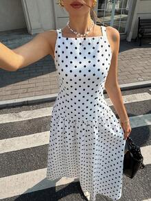 Cévolie 女士时尚休闲波点印花无袖连衣裙 - 黑與白 - 查看 5