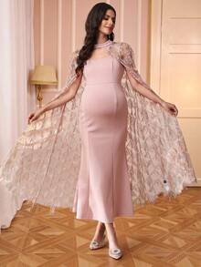 SHEIN 两件套孕妇装：纯色抹胸连衣裙和亮片外套 - 粉色 - 查看 1