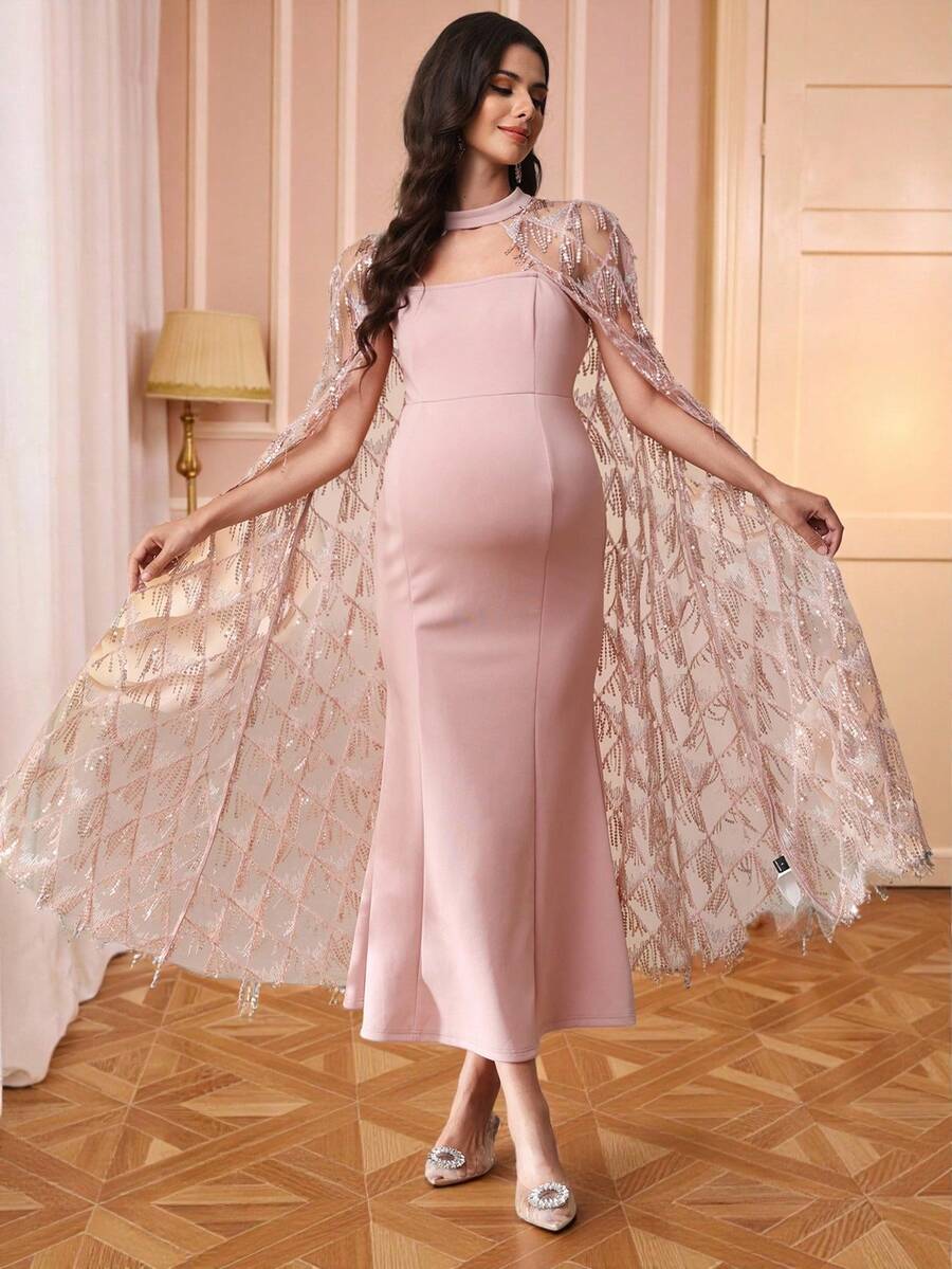 SHEIN 两件套孕妇装：纯色抹胸连衣裙和亮片外套 - 粉色 - 查看 1