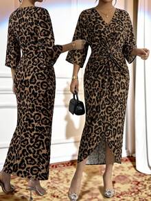 SHEIN Lady Plus Size Fashionable Party Leopard Print Twist Waist Fitted Dress - Brown - View 2
