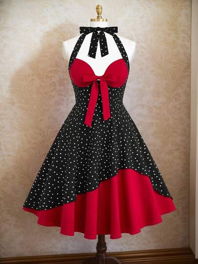 Sweetra Romantic Retro European And American Cinched Waist Polka Dot Halter Mini Dress
