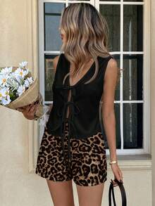 Easowa 2pcs Women Leopard Print Contrast Color Vest Cardigan Top And Shorts Set, Suitable For Spring/Summer,Casual - Multicolor - View 3