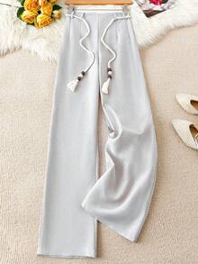 GlowEve Women's Bamboo Texture Fabric Paired With Wooden Bead & Tassel Drawstring Wide Leg Pants, Casual Daily Vacation Commute Business Fashion Holiday Date French Street Retro Versatile Light Gray Early Spring/Spring Summer New Wide Leg Pants - Grey - View 7