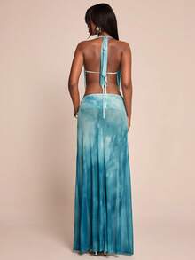 SHEIN BAE Đầm ôm sát màu xanh dương trơn, hở lưng, dây mảnh, kiểu dáng thanh lịch cho kỳ nghỉ biển, đầm dài hở lưng, thích hợp cho mùa xuân/hè, phong cách bohemian, đầm ôm sát. - Màu xanh lam - Xem 2