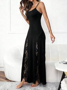 Slumberist Camisón largo de pijama con inserto de encaje - Negro - Ver 1