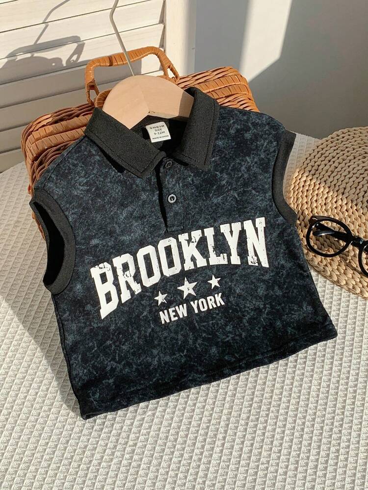 SHEIN 婴儿/男婴休闲时尚黑色扎染无袖针织polo衫，婴儿短袖上衣 - 黑色 - 查看 5