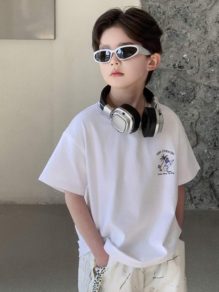 Tween Boy Letter & Palm Tree Print Round Neck Short Sleeve Casual T-Shirt Summer