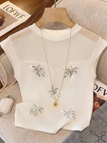 GlowEve Women's French Sexy Heavy Sequin Embroidery Pattern Stylish Mesh Splicing Short Sleeve T-Shirt, Summer - White - View 3