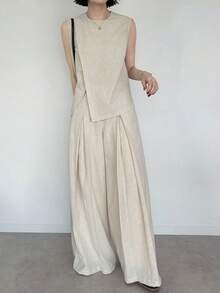 FRIFUL 女士圆领不对称下摆交叉上衣和阔腿纯色长裤两件套 - 米色 - 查看 2