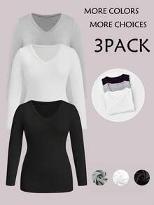 SHEIN CURVE+ 3件套加大码女式V领叠穿长袖套装，3件装上衣，紧身V领上衣，女式长袖上衣衬衫套装 - 彩色 - 查看 1