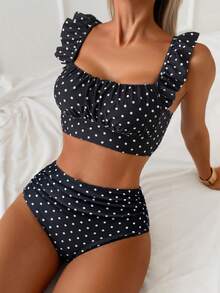 Swim Basics 两件套女士夏季沙滩优雅简约黑白波点荷叶边吊带褶皱上衣和高腰褶皱三角泳裤泳装套装，高腰比基尼套装，波点泳衣，高腰泳装套装，波点比基尼泳装两件套 - 黑與白 - 查看 1