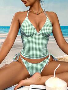 Swim Mod Sweet Cherry Plaid Bikini Set - Lime Green - View 4