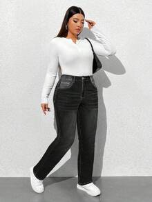 SHEIN Tall CURVE 大码秋季休闲水洗斜口袋紧身牛仔裤 - 黑色 - 查看 3