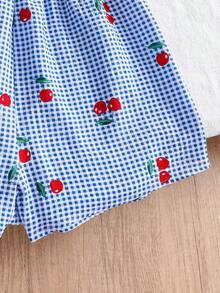 SHEIN 2pcs/Set Teens Girls' Fashion New Spring/Summer Casual Chiffon Bubble Crepe Cherry Digital Print Camisole Top And Digital Print Elastic Waist Shorts Vacation Outfit - Baby Blue - View 3