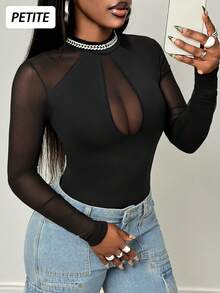 SHEIN PETITE 女士性感网纱拼接长袖连体衣 - 黑色 - 查看 6