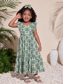 少女碎花收腰长裙，露背蝴蝶结设计，休闲日常百搭，适合外出、派对，也可与姐妹装搭配。 - 綠色 - 查看 5