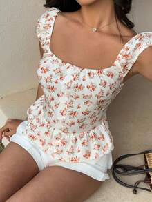 SHEIN SunnyBelle 女士甜美可爱优雅碎花拼接荷叶边下摆短袖露脐上衣，休闲百搭，适合日常穿着、度假、聚会。是夏季度假的完美之选。 - 彩色 - 查看 5