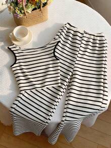 Tween Girl Casual Daily Vacation Cropped Asymmetric-Shoulder Snug Fit Top + Loose Striped Waffle Knit Tank Top Set - Black - View 2