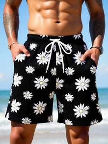 Manfinity Swimmode 男士雏菊印花抽绳腰带沙滩短裤 - 黑色 - 查看 5