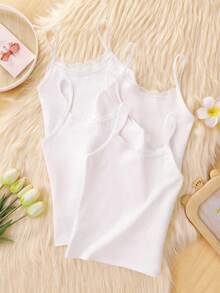 Genkimix Kids 4件套女童纯色蕾丝前襟柔软棉质运动服套装，百搭基础款T恤和裤子，适合运动、跑步、休闲穿着 - 白色 - View 2