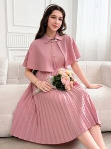 SHEIN 两件套：复古优雅披肩领纽扣上衣和褶边连衣裙，适合少女 - 粉色 - 查看 8