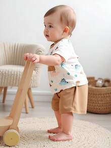 SHEIN Vintaside Kids Bộ đồ 2 món cho bé trai/bé gái: áo thun gân phối màu tương phản và quần dài màu xanh dương, trang phục thường ngày thoải mái, đa năng, phù hợp cho các dịp hè. - Màu Khaki - Xem 4
