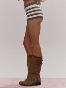 MUSERA 条纹针织罗纹下摆修身迷你短裤套装下装，可爱性感，适合春冬季日常外出穿着，复活节糖果色 - 灰色 - 查看 3