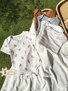 Vintaside Kids Bộ đồ liền thân ngắn tay cổ bẻ kiểu gấu hoạt hình màu trắng, xám, nâu kẻ sọc cho bé trai mùa hè, gồm 5 món. - Nhiều màu - Xem 4