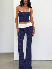 SHEIN EZwear Bộ áo hai dây và quần dài phối màu tương phản mới dành cho nữ, thích hợp cho các chuyến đi chơi mùa xuân và mùa hè, màu xanh navy chấm bi. - Nhiều màu - Xem 7