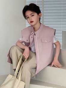 DAZY 男童休闲纯色无袖宽肩外套，春夏款 - 粉色 - 查看 7