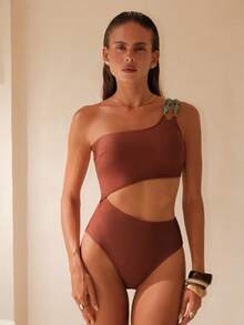 Swim Chiccia Swim Chic Sea-D Women Solid Color One Shoulder Chain Strap Decor One-Piece Swimsuit - Coffee Brown - View 3
