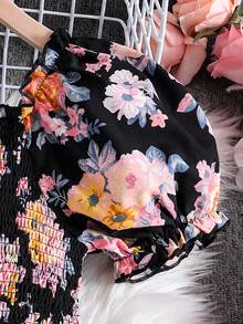 Sparklyn Girls' Allover Print Romper With Square Neck And Puff Sleeves, Summer Vacation Style - Black - View 5