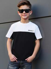 SHEIN Teen Boys' Contrast Color Round Neck Short Sleeve T-Shirt, Casual, Comfortable, Fashionable, Versatile, Soft Fabric, Suitable For Daily Wear, School, Outings, Outdoor Sports, Spring/Summer, Holidays, Beach Vacation Teen T Shirt Teen Boy Clothes T Shirt Streetwear Teen Shirts - Black and White - View 3