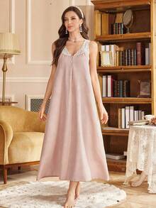 PalaceNights 一套女士时尚提花蕾丝边长袖长袍+无袖睡裙睡衣套装 - 粉色 - 查看 6