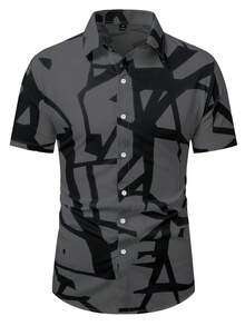 Manfinity Homme Men's Geometric Print Single-Breasted Casual Short Sleeve Shirt - Dark Grey - View 3