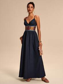 Eryvara 女士牛仔效果腰部拼接宽织带后背抽绳设计蓝色吊带连衣裙 - 藍色 - 查看 2